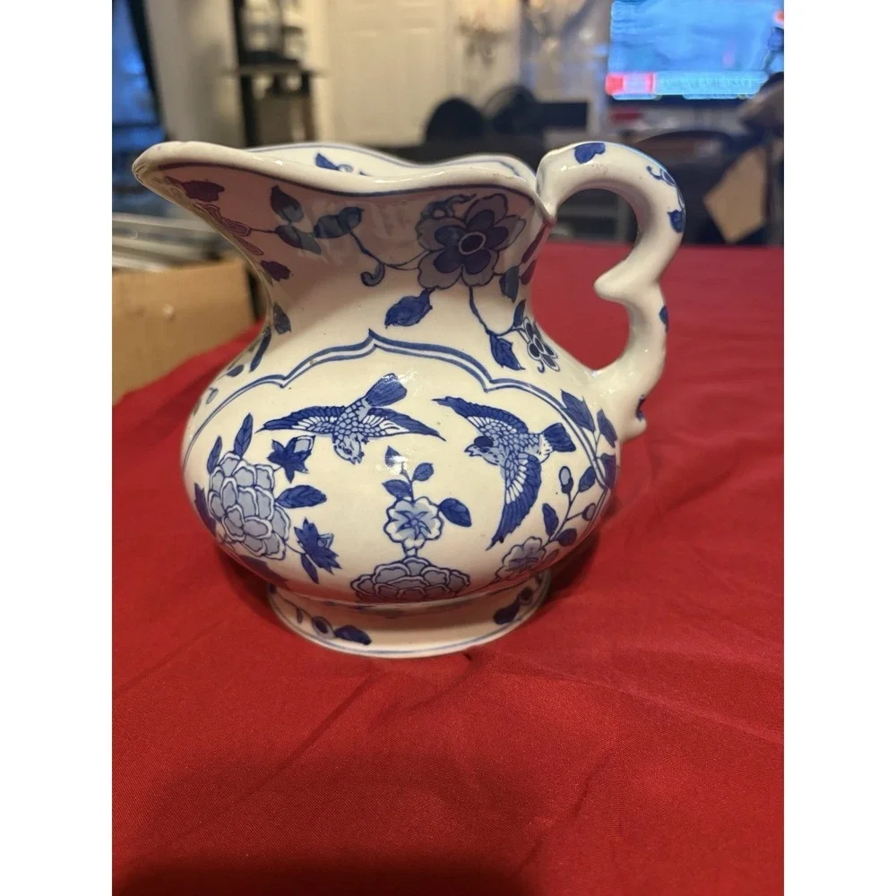 Vintage Andrea by Sadek Blue and White Ceramic Pitcher Birds & Floral 6